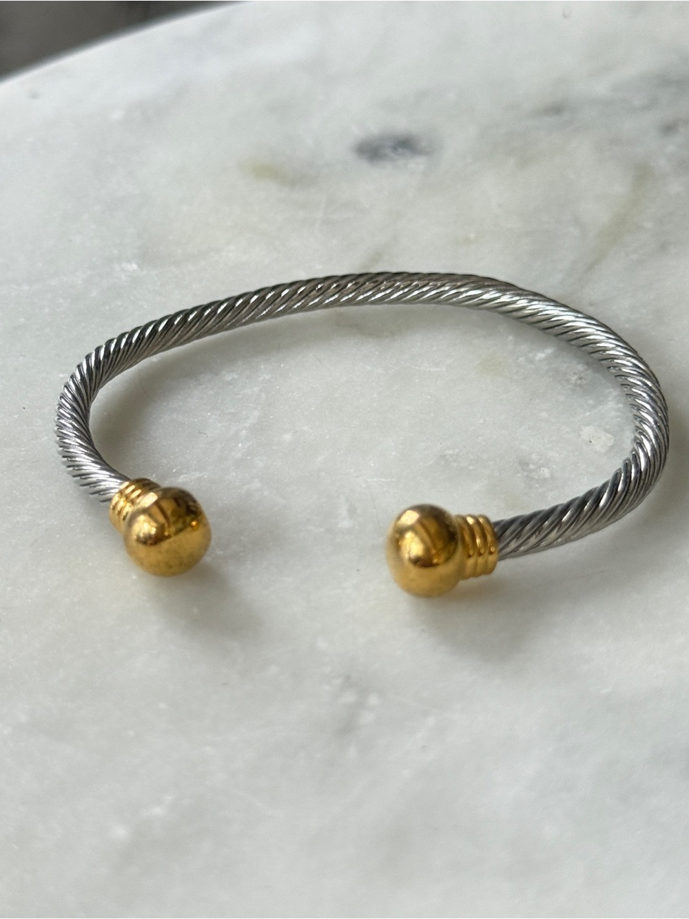 Two Tone Twisted Cable Ball End Open Cuff Magnetic Bangle